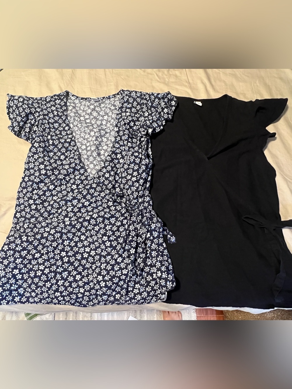 Old Navy Navy Floral Wrap Top and Black Wrap Blouse Duo